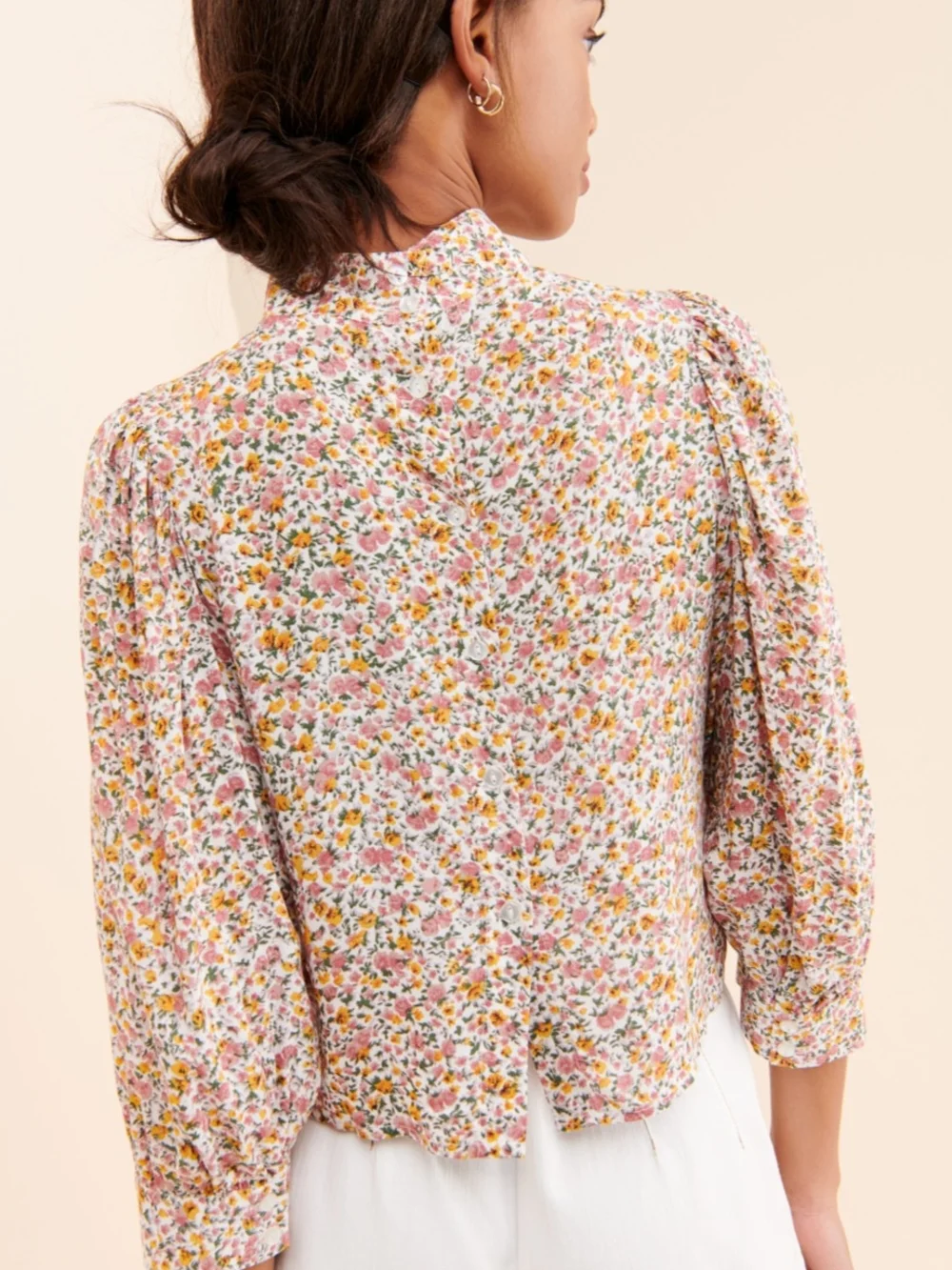 Free People Puff Sleeve Mock Neck Three Quarter Length Cuffed Sleeve Blouse L